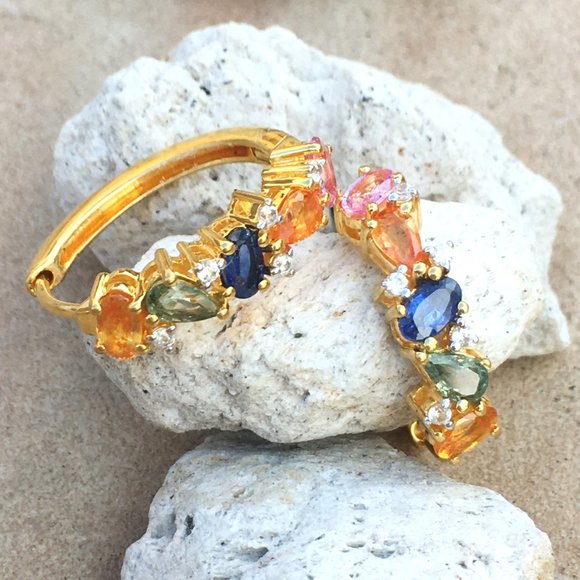 Rainbow Sapphire Gold Vermeil Hoop Earrings Genuine Gemstones Blue Pink Orange - Picture 7 of 16